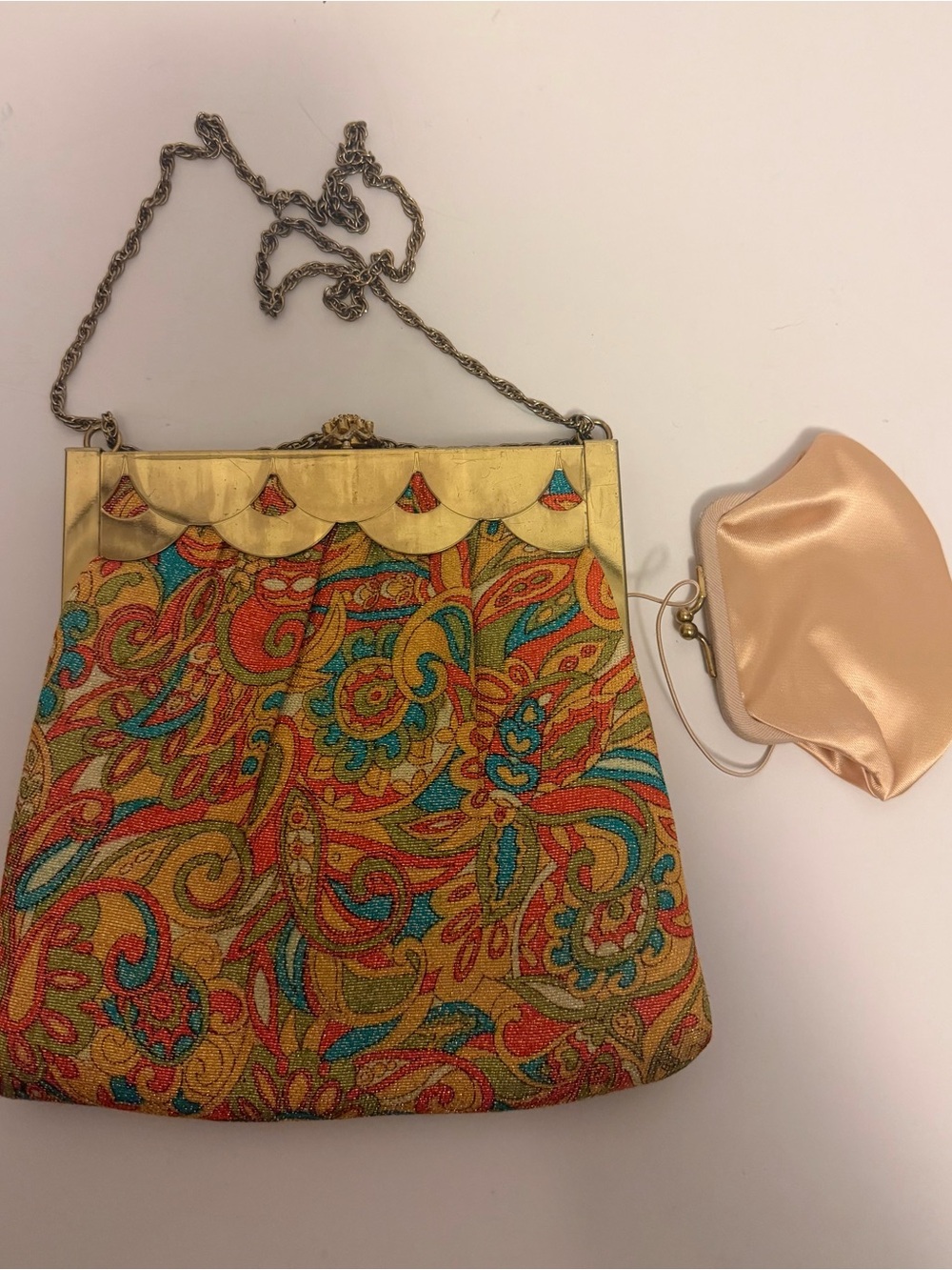 Vintage HL USA Paisley Evening Clutch in Gold, Turquoise & Red w/ coin bag